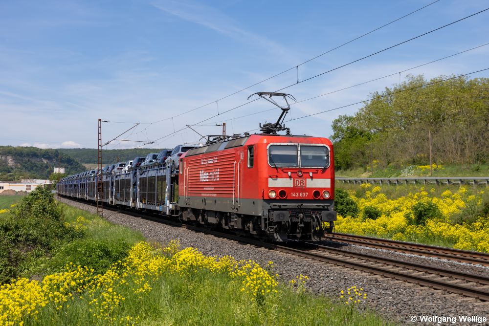 143 637 von DB Gebrauchtzug rollt in frühlingshafter Umgebung bei Karlstadt am Main mit einem Güterzug Richtung Würzburg