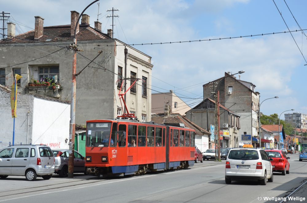 Der KT4YU Nummer 250 fährt am 5. Mai 2014 als Linie 7 auf die Haltestelle Dr Velizara Kosanovića / Др Велизара Косановића zu