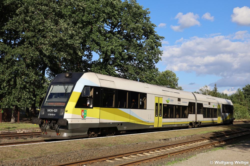 Der vom polnischen Schienenfahrzeughersteller Pesa gebaute Dieseltriebwagen SA134-021 verlässt am 6. September 2020 den Bahnhof Nowiny Wielkie (R 80427 Krzyż - Kostrzyn)